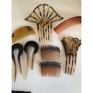 Vintage Hair Comb Lot 8pc Faux Tortoise Shell Celluloid Beaded Decorative Forks*